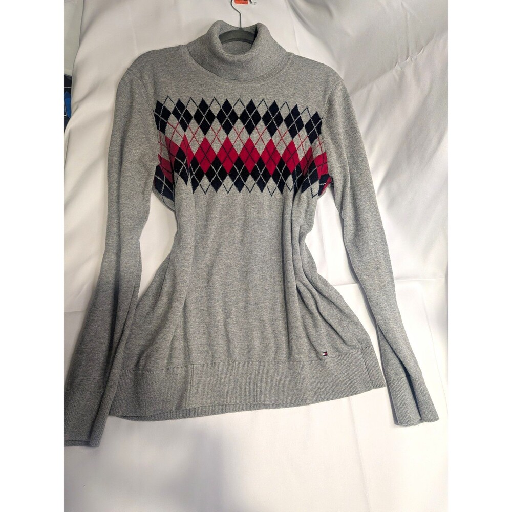 Tommy Hilfiger Women's Gray Argyle Turtleneck Long Sleeve Pullover Sweater L